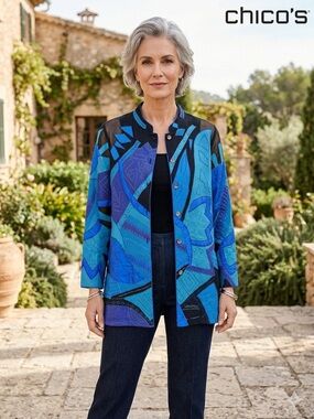 Chico's Vibrant Blue Patchwork-Style Lightweight Jacket